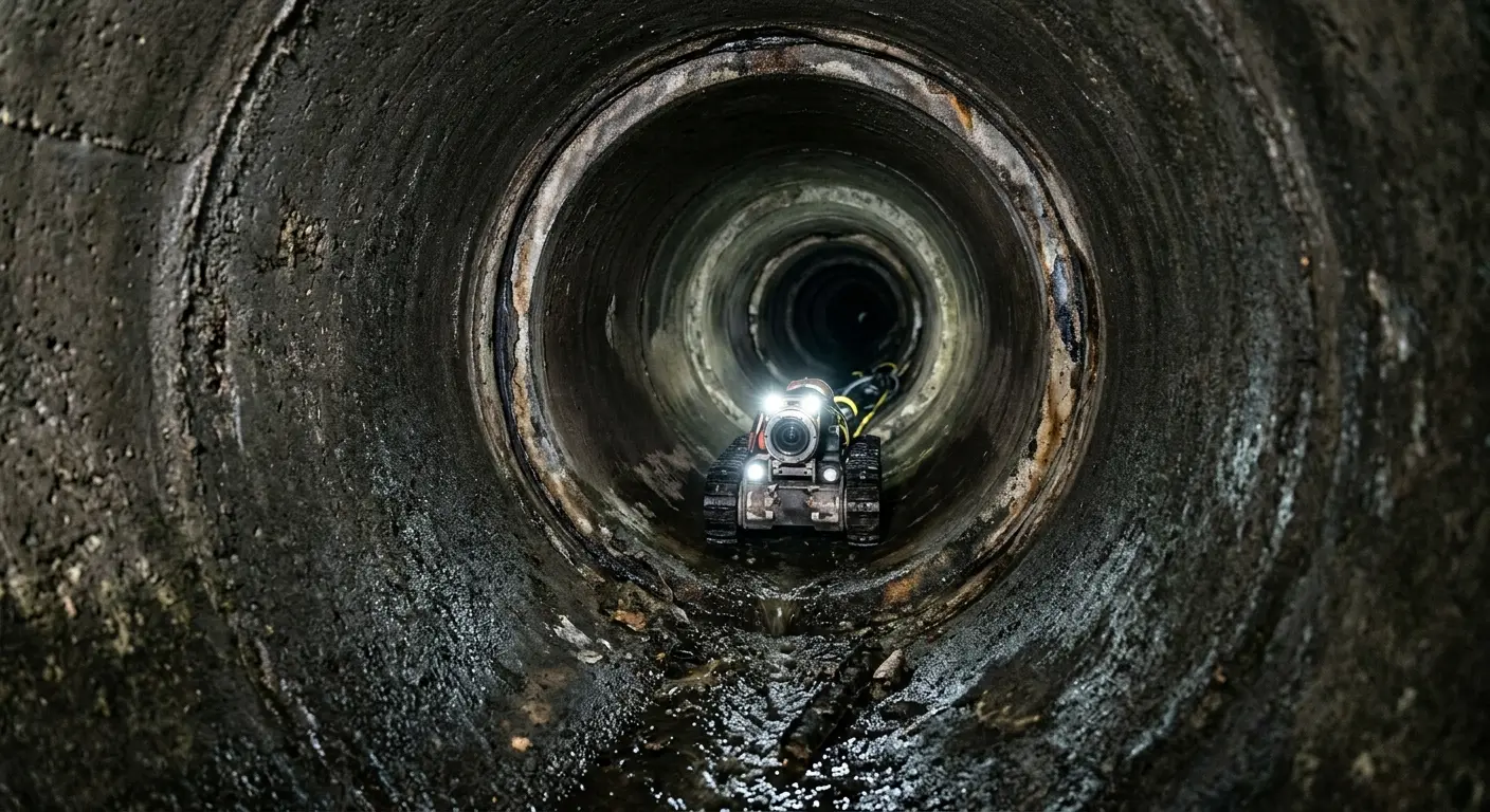 Robotic sewer camera inspecting pipe interior for Sewer Line Cleaning in South Hadley