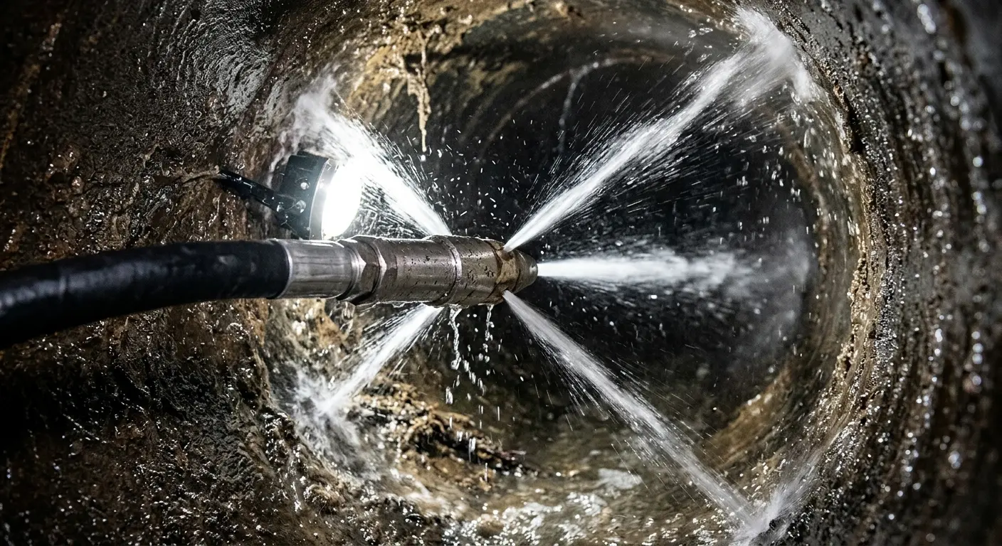 High-pressure hydro jetting nozzle cleaning sewer pipe for Trenchless Sewer Repair in South Hadley