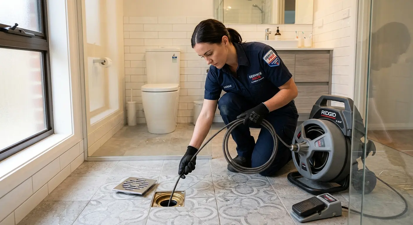 Technician clearing a bathroom floor drain for Hydro Jetting in South Hadley
